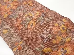 手織り真綿紬花葉模様織出し名古屋帯